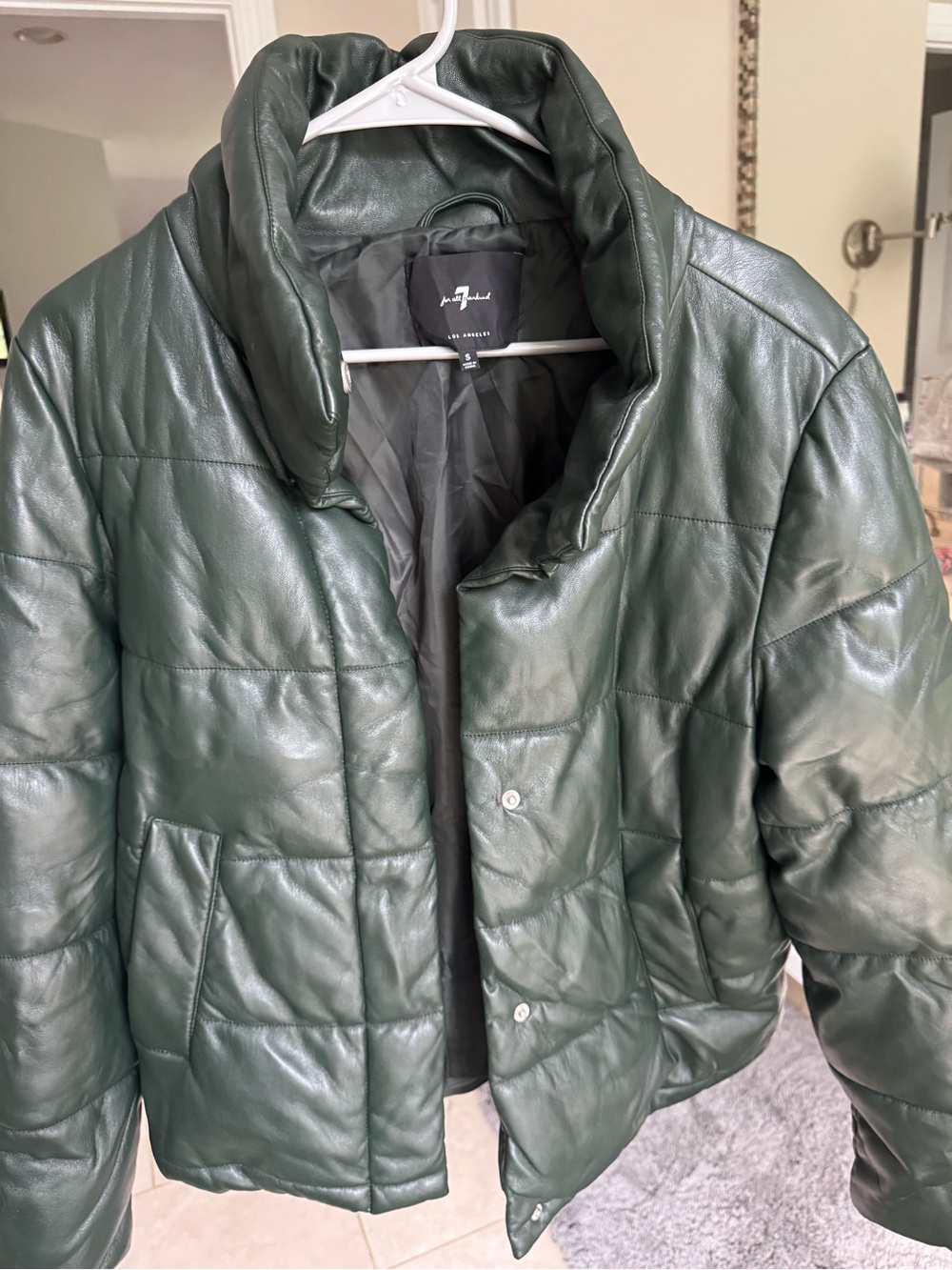 7 For All Mankind Dark Green Quilted Leather Puffer Jacket